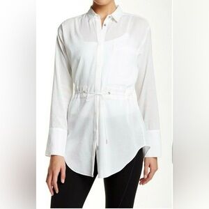 Helmut Lang White Drawstring Waist Button Down Tunic Blouse Size M